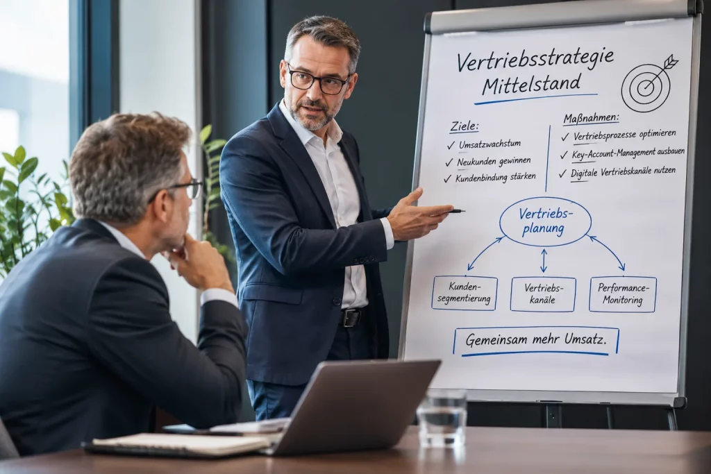 Zwei Geschäftsführer besprechen eine Vertriebsstrategie für den Mittelstand am Flipchart.